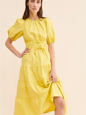 Yellow Tiered Smocked-Waist Midi Dress
